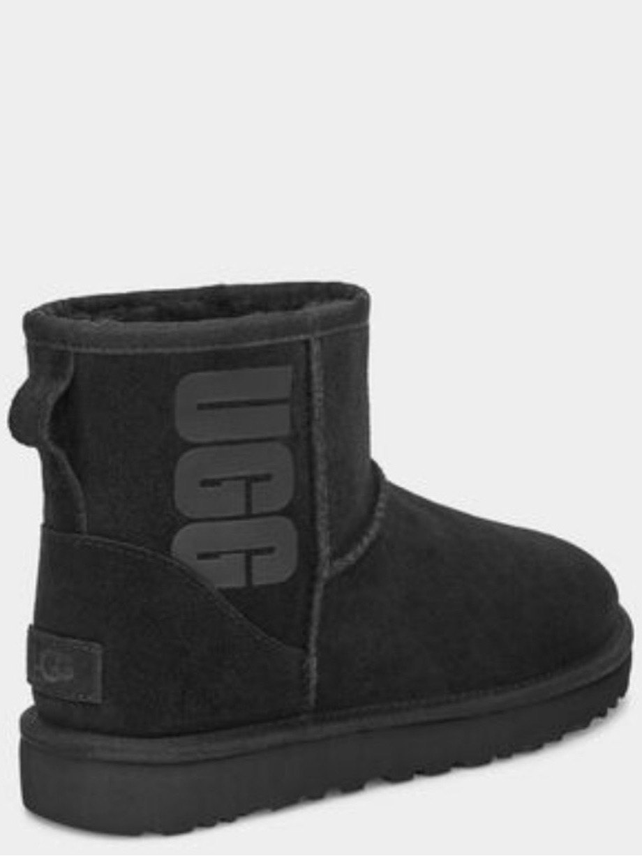 Ugg | Classic Mini Rubber Logo Suede Shearling Ankle Boots Black Booties